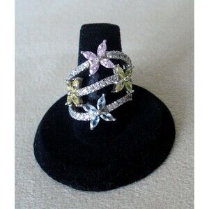 Women Rhodium Plated Ring size 6.5 w/Floral Pink, Yellow, Blue Rhinestones NWOT